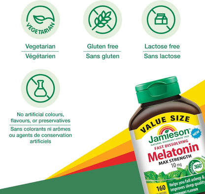 Jamieson 褪黑素 10 毫克強效薄荷口味速溶片，160 片