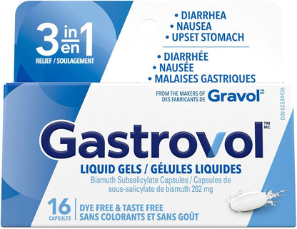 Gastrovol 三合一緩解液體凝膠，用於緩解腹瀉、噁心和胃部不適 - 加拿大製造 - 無色素、無味 - 緩解腹瀉 - 16 粒膠囊（1 包）