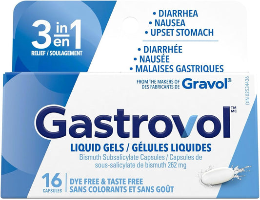 Gastrovol 三合一緩解液體凝膠，用於緩解腹瀉、噁心和胃部不適 - 加拿大製造 - 無色素、無味 - 緩解腹瀉 - 16 粒膠囊（1 包）