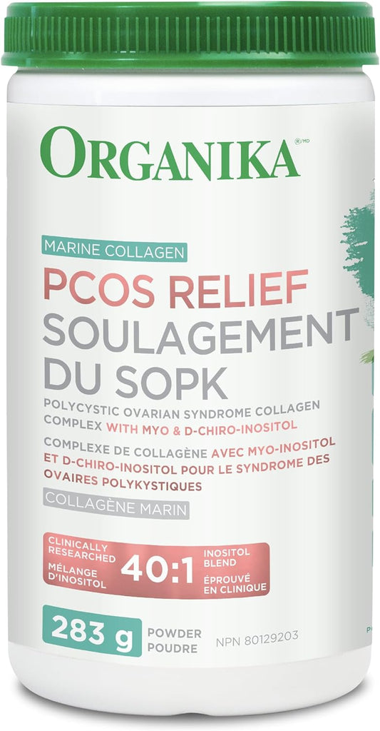 Organika Canadian-Made Marine Collagen PCOS Relief Powder - Clinically Researched 40:1 Inositol Blend, Folate, B12 - Helps support Hormone Balance, Menstrual Cycle and Fertility - 283g