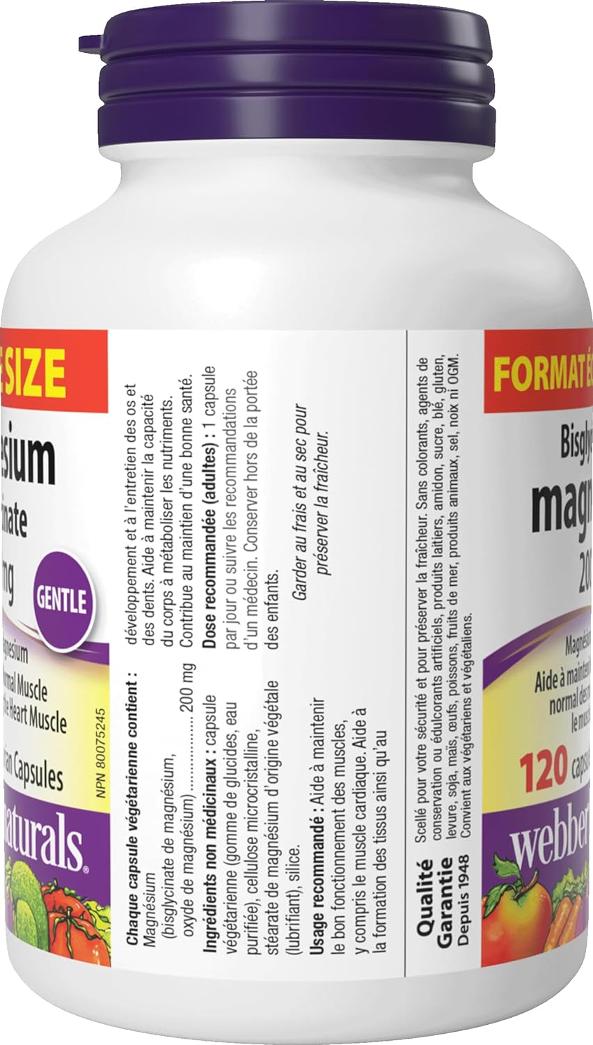 Webber Naturals 双甘氨酸镁 200 毫克，120 粒胶囊，支持骨骼和肌肉功能，纯素