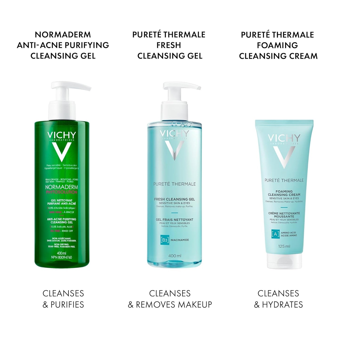 Vichy Anti-Acne Face Wash, Normaderm Salicylic Acid Purifying Cleansing Gel & BUNDLE with Anti-Acne Moisturizing Lotion with Hyaluronic Acid, Oil-free, Non-Comedogenic, Dermatologist Recommended