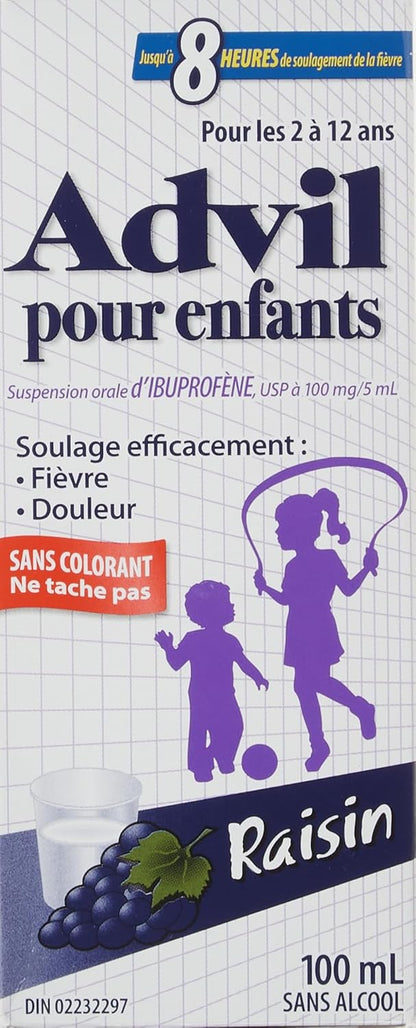 儿童 Advil（100 毫升，葡萄味）布洛芬悬浮液，无染料，暂时退烧