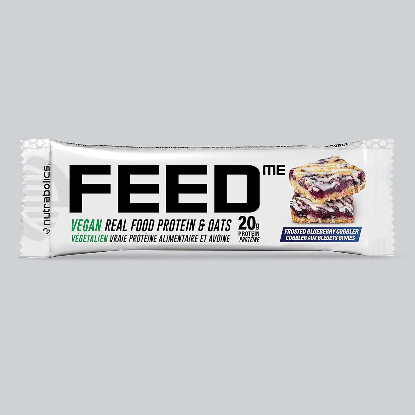 Nutrabolics- Feed me, Vegan Real Food Protein Bar, Frosted Blueberry Cobbler Box, 12 x 65 grams