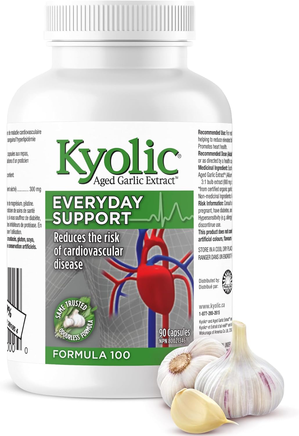 Kyolic - 陳年大蒜萃取補充劑 - 配方 100 日常支持 300 毫克，90 粒膠囊，22 天供應 - 無味大蒜丸 - 促進心臟健康並支持整體健康