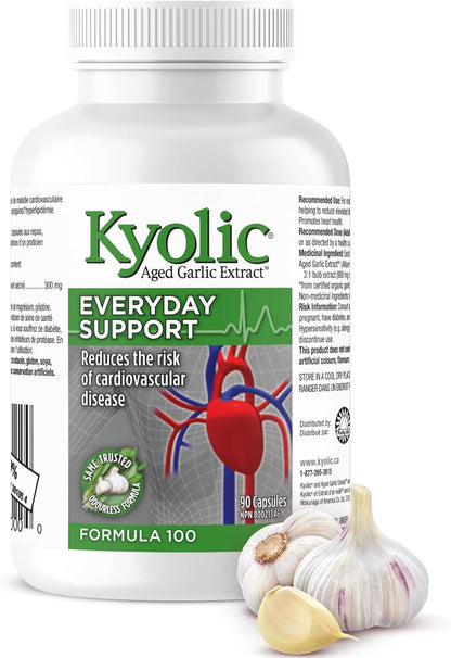 Kyolic - 陳年大蒜萃取補充劑 - 配方 100 日常支持 300 毫克，90 粒膠囊，22 天供應 - 無味大蒜丸 - 促進心臟健康並支持整體健康