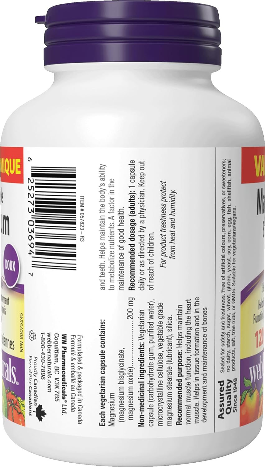 Webber Naturals 双甘氨酸镁 200 毫克，120 粒胶囊，支持骨骼和肌肉功能，纯素