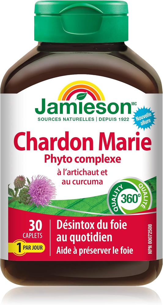 Jamieson Milk Thistle Herbal Complex, with Artichoke and Turmeric, Supports Liver and Digestive Health. Non-GMO, Gluten-Free, 30 Vegetarian Caplets, Proudly Canadian