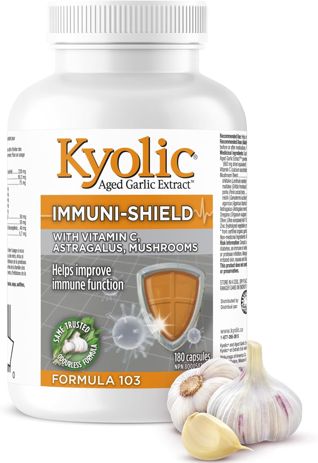 Kyolic- Formula 103 Immuni-Shield 180 Capsules 45-Day Supply - Vitamin C Ascorbic Acid, Astragalus Root Extract, Mushroom Blend Supplement & Kyolic Aged Garlic Extract Capsule - Immune System Support