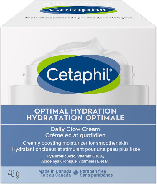 Cetaphil Optimal Hydration Daily Glow Cream for Sensitive, Dry and Dehydrated Skin – 48hr Hydration – with Hyaluronic Acid, Niacinamide, Vitamin E & Vitamin B5 – Dermatologist Recommended, 48g