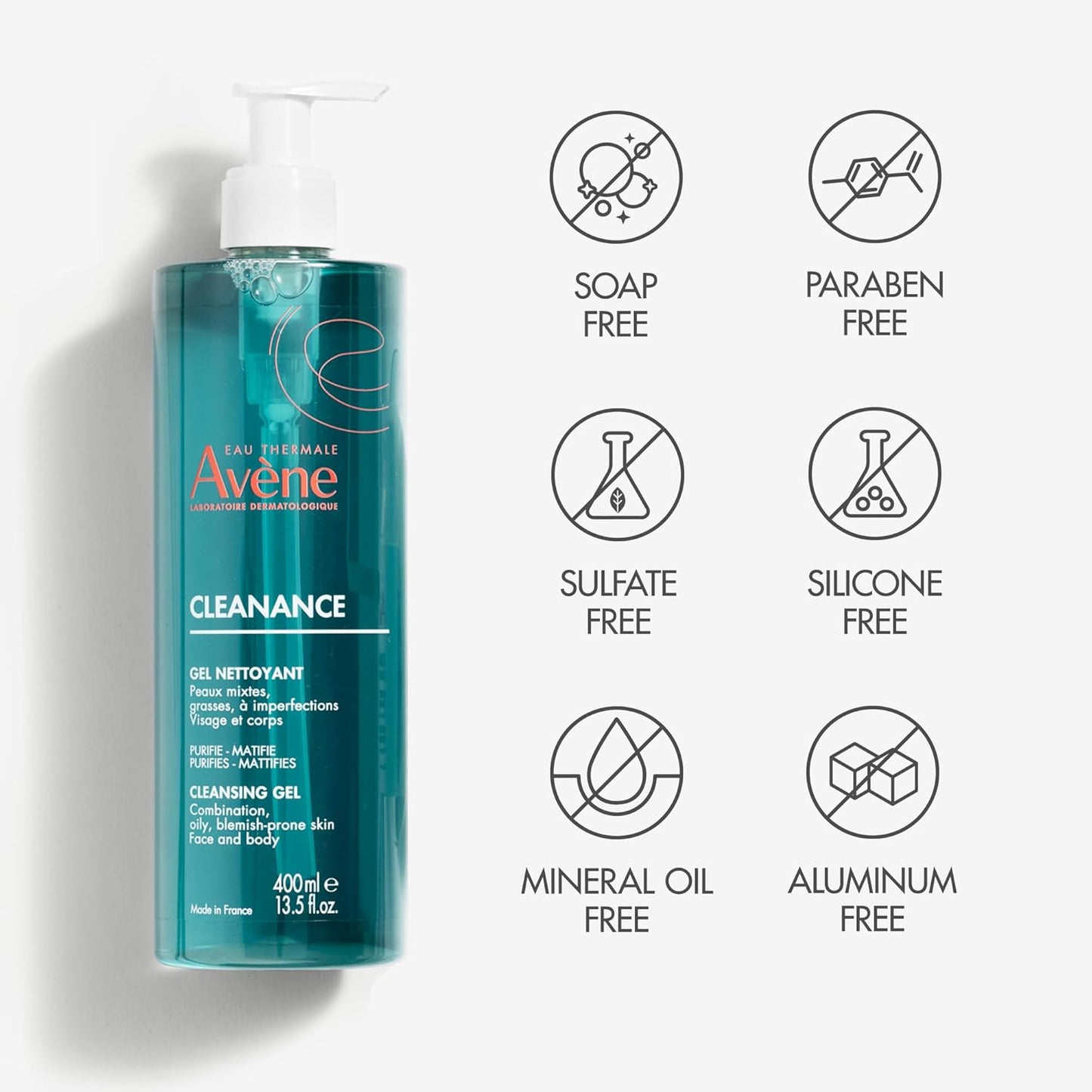 Eau Thermal Avène Cleanance 臉部和身體清潔凝膠，適合痤瘡皮膚的天然清潔劑，可生物降解，瓶裝，400 毫升