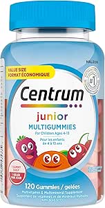 Centrum Junior 複合維生素軟糖，兒童複合維生素軟糖，無麩質，橙子、櫻桃和漿果口味，礦物質補充劑，120 粒