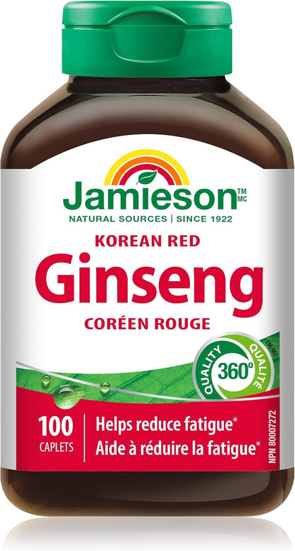 Jamieson 韩国红参，人参，有助于缓解压力，减轻疲劳，增强认知健康，提升体能。非转基因，无麸质，100 粒素食胶囊，加拿大制造