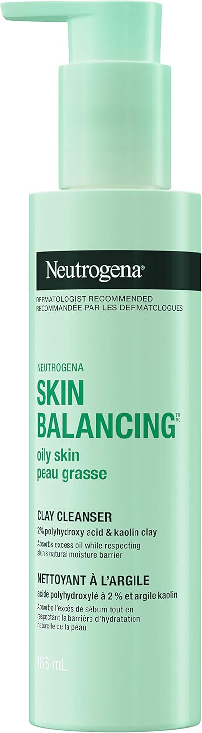 Neutrogena Cleanser, Skin Balancing Kaolin Clay Cleanser With 2% Polyhydroxy Acid (Pha), Mattifying Face Wash for Oily Skin, 186mL