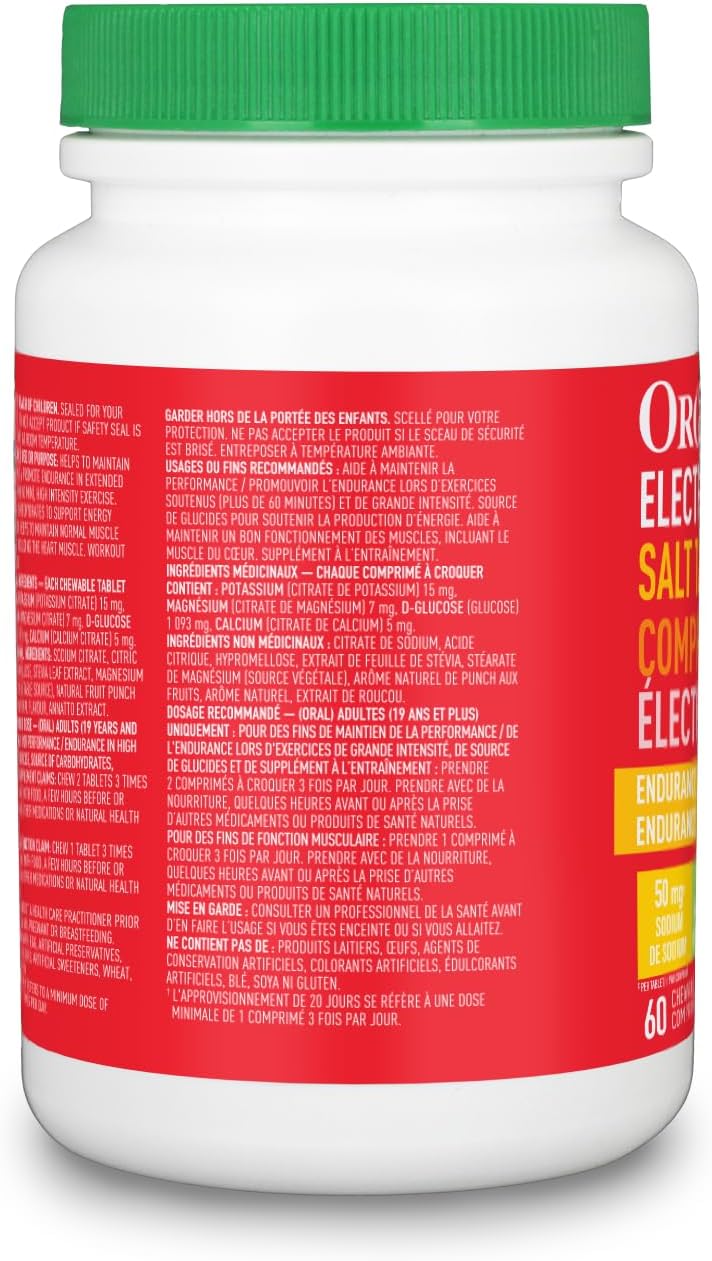 Organika Electrolyte Salt Tabs - Fruit Punch Flavour Chewable - Fast Hydration for Endurance and Energy Boost with Added D-Glucose - 60tabs