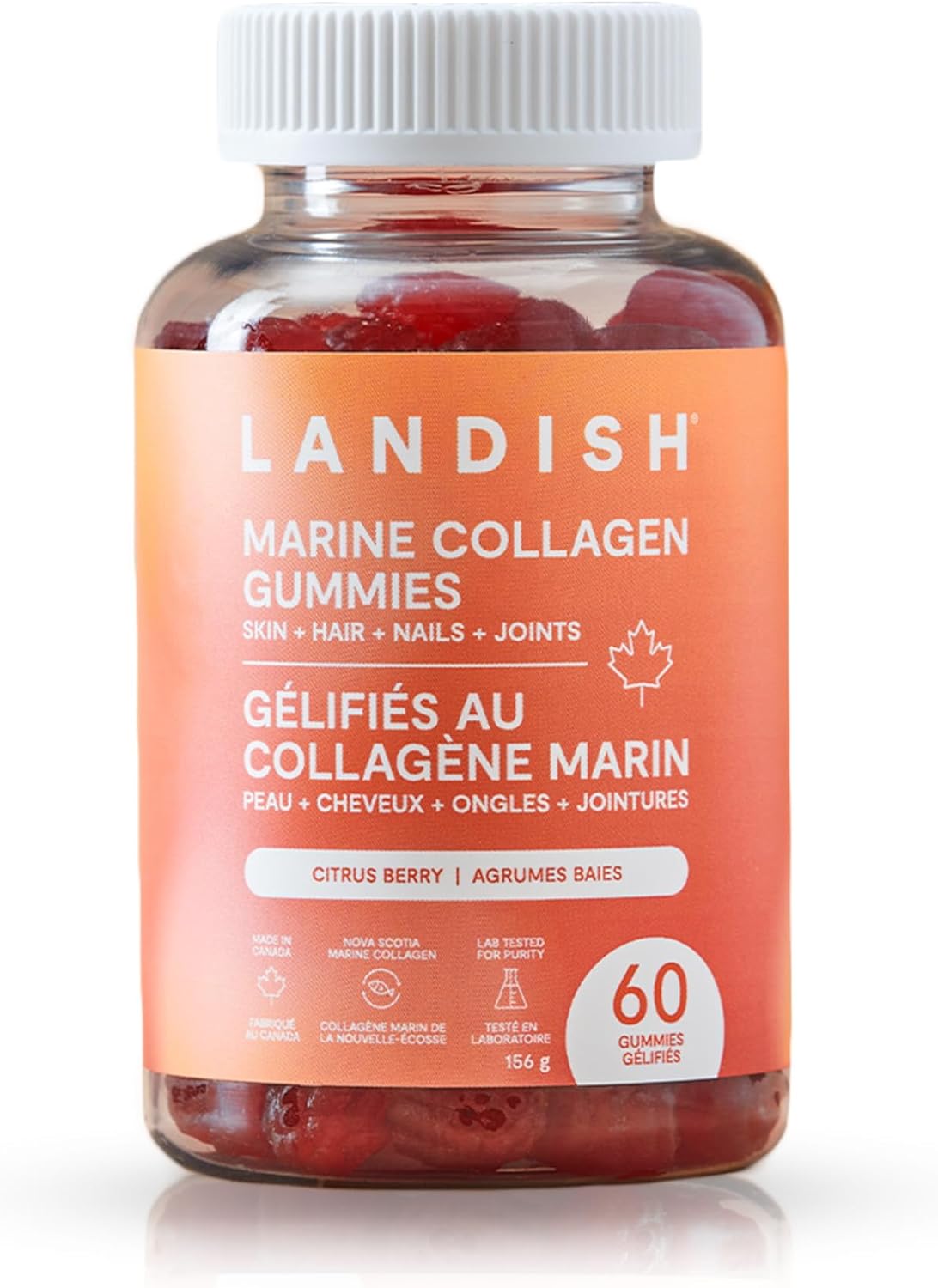 Landish Marine Collagen Gummies – Wild Canadian Marine Collagen, Vitamin C, Magnesium, Zinc & Biotin – Skin, Hair, Nails & Joint Support – No Artificial Colours or Flavours – Made in Canada – 60 Gummies