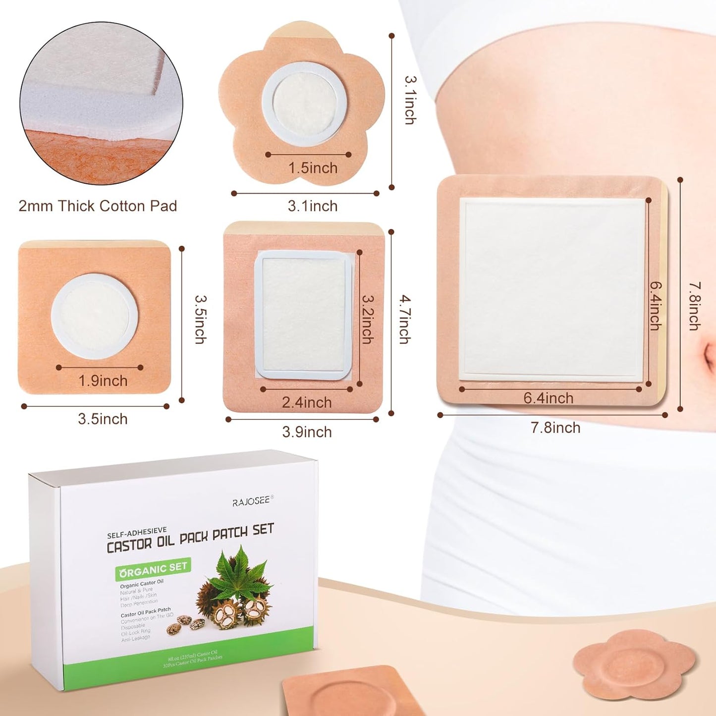 RAJOSEE 32Pcs Castor Oil Packs with Organic Cold Pressed Castor Oil in Glass Bottle, Cotton Wraps for Waist, Back, Neck, Arm, Self-Adhesive