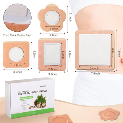 RAJOSEE 32Pcs Castor Oil Packs with Organic Cold Pressed Castor Oil in Glass Bottle, Cotton Wraps for Waist, Back, Neck, Arm, Self-Adhesive