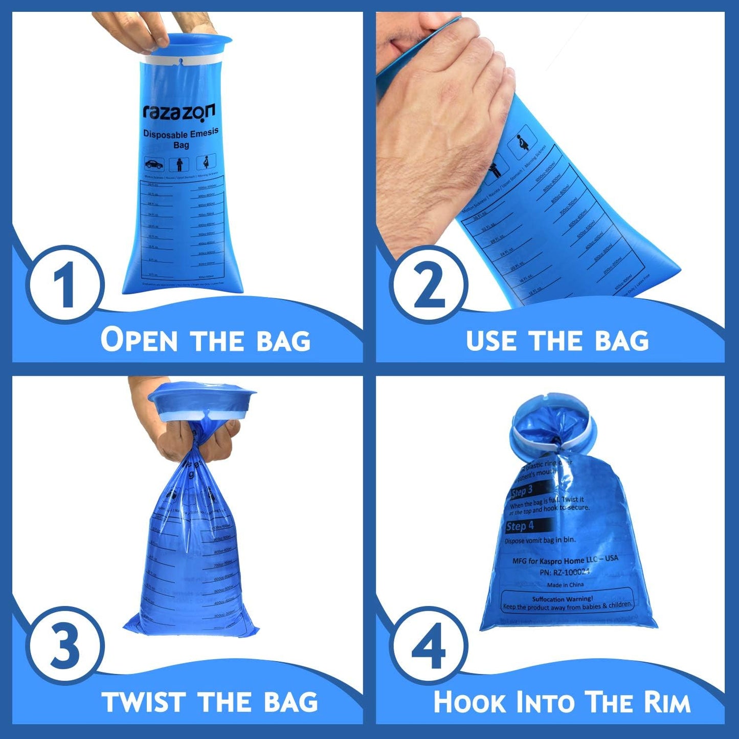 RAZAZON Vomit Bags Disposable Medical Grade for Adults - 50 Pack - Leak Resistant, Portable, Emesis Bags Disposable Car Sick Bag, Puke, Throw Up, Barf Bags for Travel Motion Sickness, Kids, Taxi