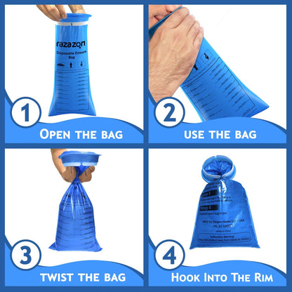 RAZAZON Vomit Bags Disposable Medical Grade for Adults - 50 Pack - Leak Resistant, Portable, Emesis Bags Disposable Car Sick Bag, Puke, Throw Up, Barf Bags for Travel Motion Sickness, Kids, Taxi
