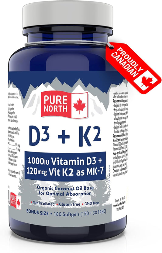 Pure North Naturals - D3 + K2 維生素補充劑 180 粒軟膠囊，180 天供應量 - 骨骼和牙齒健康 - D3 1000IU + K2 MK7 120mcg，含有機椰子油 - 經第三方測試 - 加拿大配製和製造