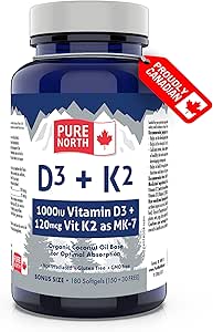 Pure North Naturals - D3 + K2 維生素補充劑 180 粒軟膠囊，180 天供應量 - 骨骼和牙齒健康 - D3 1000IU + K2 MK7 120mcg，含有機椰子油 - 經第三方測試 - 加拿大配製和製造