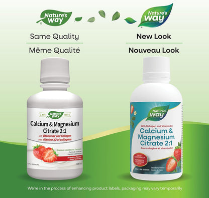 Nature's Way 檸檬酸鈣鎂 2:1 液體補充劑，含維生素 K2 和膠原蛋白，有助於維持骨骼和牙齒健康，草莓味，500 毫升，包裝可能有所不同