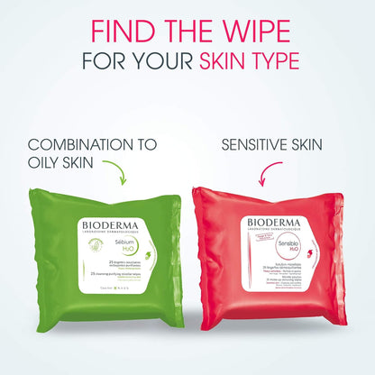 Bioderma Sensibio H2O Duo - Biodegradables Wipes - Cleansing and Make-Up Removing - Skin Soothing - for Sensitive Skin - 2x25 Wipes, 50 Count