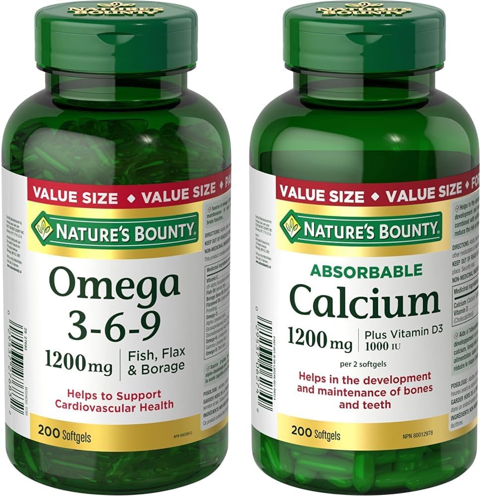 Nature's Bounty Omega 3 6 9 Fish Oil 1200mg Pills, Supplement & Calcium Pills plus Vitamin D3 Supplement, Helps maintain bones, 1200mg, 200 Softgels, Multi-colored, 200 Count (Pack of 1)