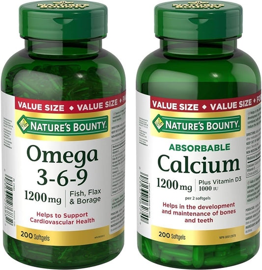 Nature's Bounty Omega 3 6 9 Fish Oil 1200mg Pills, Supplement & Calcium Pills plus Vitamin D3 Supplement, Helps maintain bones, 1200mg, 200 Softgels, Multi-colored, 200 Count (Pack of 1)