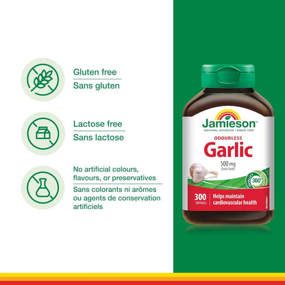 Jamieson Odourless Garlic 500 mg, Supports Heart Health, and Provides Immune Support. Non-GMO, Gluten-Free, 300 Softgels, Proudly Canadian
