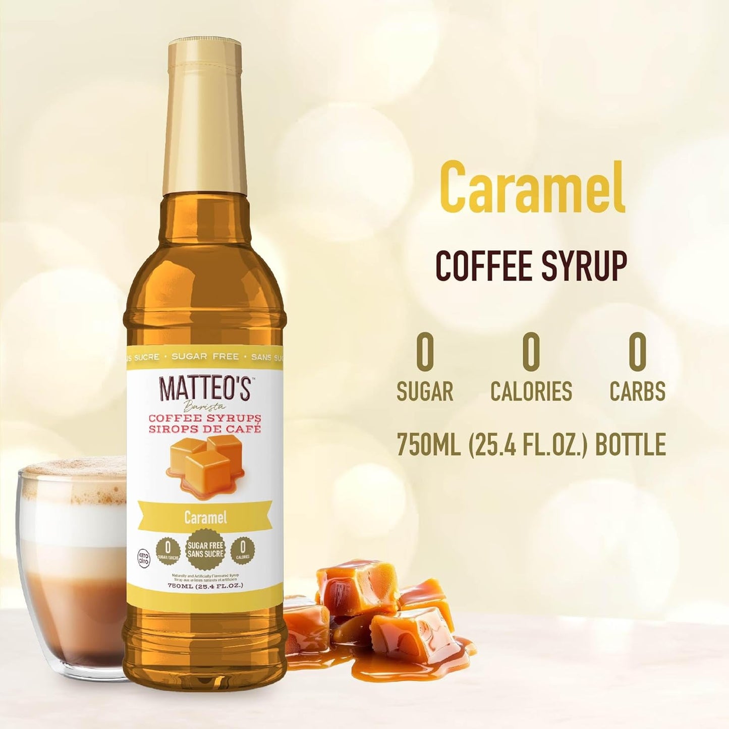 Matteo's Barista 风格无糖咖啡糖浆，焦糖糖浆口味，零卡路里和糖，酮类咖啡糖浆，美味风味咖啡糖浆 - 25.4 盎司糖浆瓶，1 包