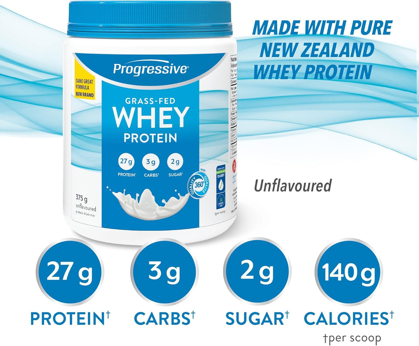 Progressive 草飼 100% 乳清蛋白粉（無味），每匙含 27 克紐西蘭乳清濃縮物，用於增肌，牧場飼養，非基因改造，加拿大製造，不含抗生素和激素，375 克