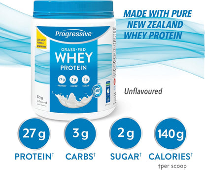 Progressive 草飼 100% 乳清蛋白粉（無味），每匙含 27 克紐西蘭乳清濃縮物，用於增肌，牧場飼養，非基因改造，加拿大製造，不含抗生素和激素，375 克
