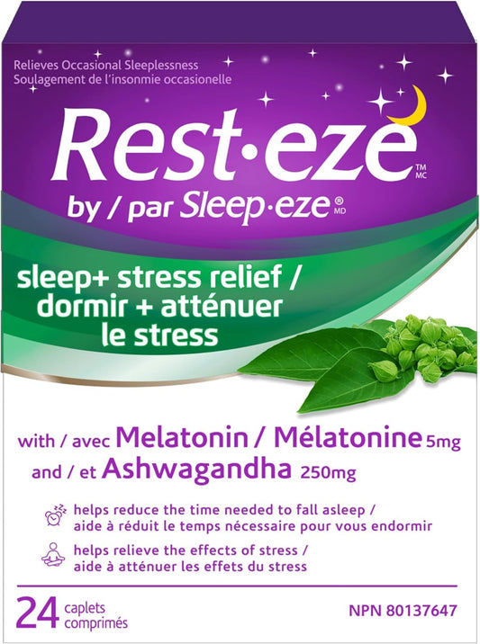 Rest Eze by Sleep Eze, Sleep + Stress Relief, 24 Caplets, Made in Canada