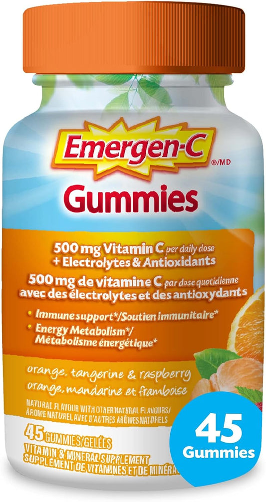 Emergen-C Immune Support Gummies, A Boost of Vitamins and Minerals, Orange, Tangerine & Raspberry Mix, 45 Gummies