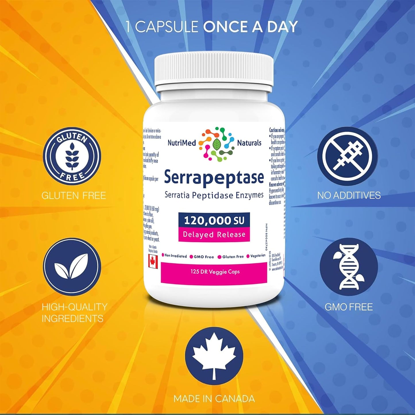 Nutrimed Naturals - Serrapeptase 120000, 125 Capsules 125-Day Supply - High Potency Systemic Enzyme Supplement, Serrapeptase Blend for Optimal Health - 3rd Party Tested - Formulated and Made in Canada