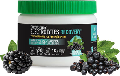 Organika 電解質恢復 - 無糖運動後補充劑，含支鏈氨基酸和 L-谷氨酰胺 - 漿果味 - 180 克，30 份