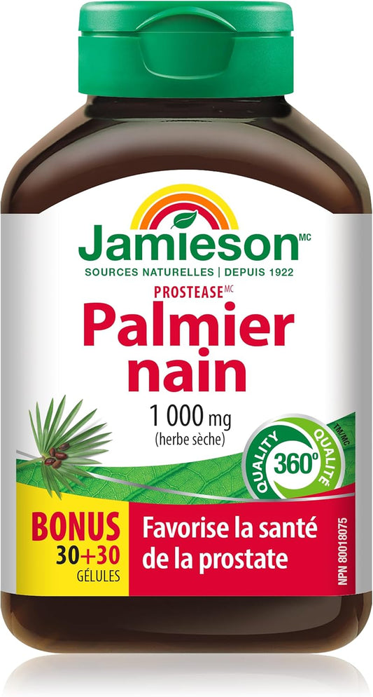 Jamieson 蛋白酶锯棕榈 1,000 毫克，促进泌尿健康，支持前列腺健康和功​​能，并有助于缓解良性前列腺增生。不含麸质和乳糖，60 粒软胶囊，加拿大制造