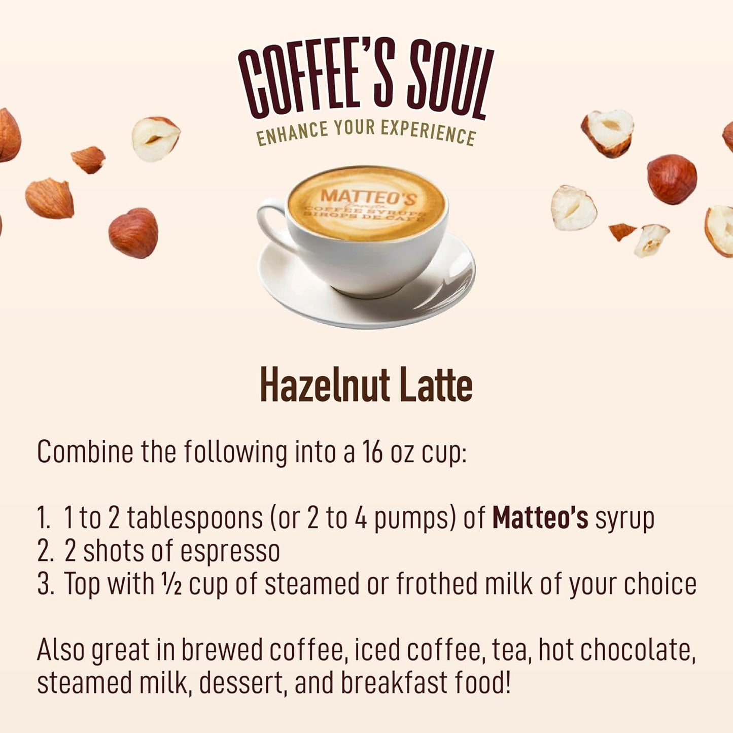 Matteo's Barista 风格无糖咖啡糖浆 - 零卡路里生酮友好型咖啡糖浆和调味料 - 美国制造犹太洁食无糖咖啡调味糖浆，适合家庭和工作（榛子味，25.4 盎司，1 包）