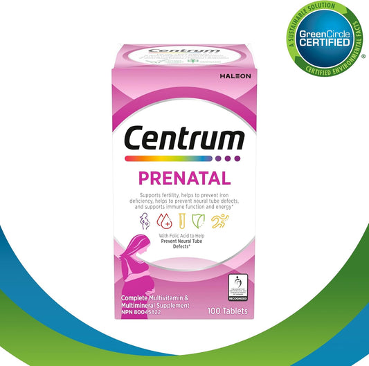 Centrum 产前维生素片，产后多种维生素和矿物质补充剂，必需的产前维生素，100 片（包装可能有所不同）