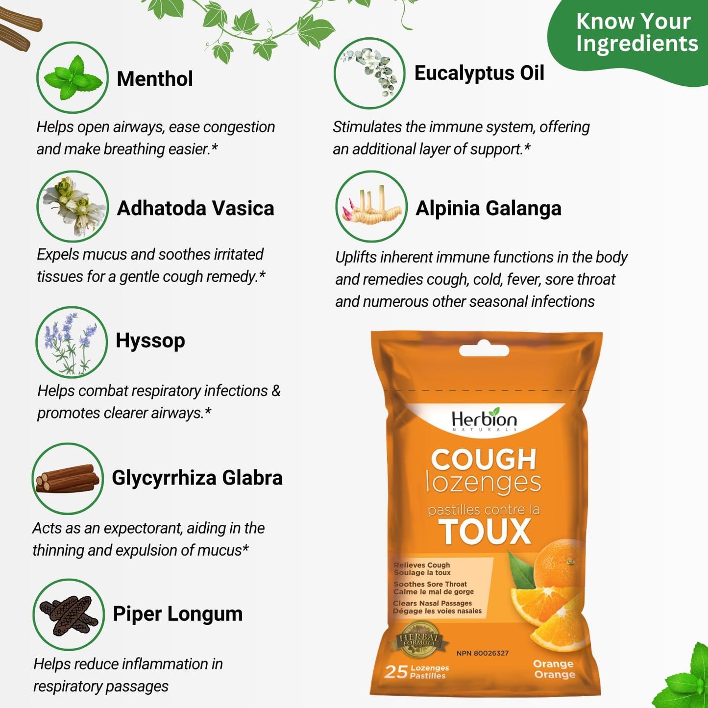 Herbion Naturals 天然橙味止咳糖，25 粒 - 缓解咳嗽、清除鼻塞、舒缓咽喉痛；适用于成人和 12 岁及以上儿童