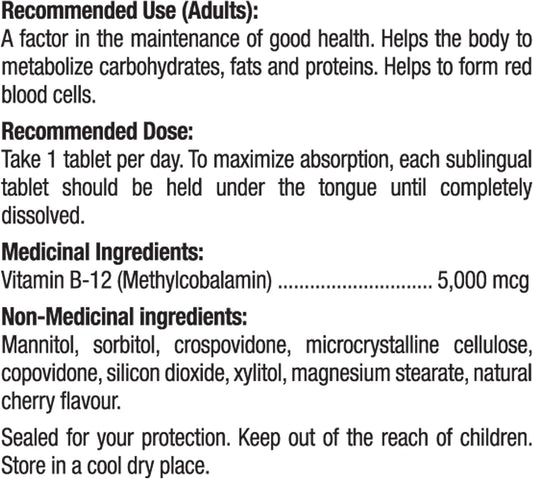 Prairie Naturals 舌下維生素 B12 甲鈷胺 5000mcg 幫助身體代謝蛋白質，形成紅血球，並預防維生素 B12 缺乏症 - 90 粒