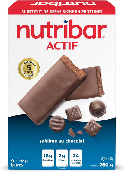 Nutribar Active 巧克力诱惑代餐棒，高蛋白，24 种维生素和矿物质，高纤维，加拿大制造，4 条装 *包装可能有所不同*