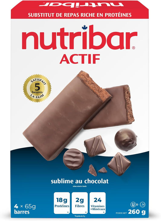 Nutribar Active Chocolate Temptation Meal Replacement Bars, High protein, 24 Vitamins & Minerals, High Fibre, Made in Canada, 4-Count *PACKAGING MAY VARY*