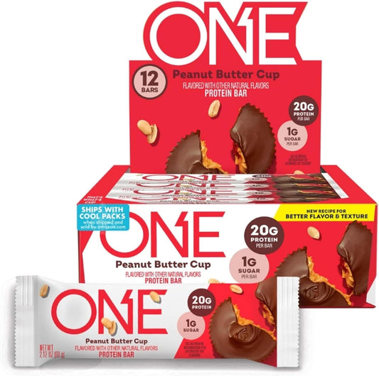 ONE Protein Bars, Peanut Butter Cup, Gluten Free Protein Bars with 20g Protein and only 1g Sugar, Snacking for High Protein Diets, 60g (12 Pack) [Packaging May Vary]