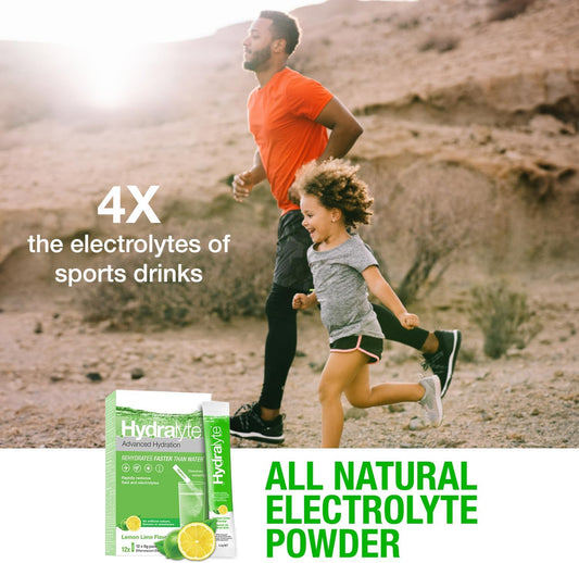 HydraLyte Electrolyte Powder, Low Sugar Electrolyte Packets Designed for Rapid Hydration, Safe Hydration for All Ages - Made with All Natural Ingredients, 12 Servings, Lemon Lime Flavour