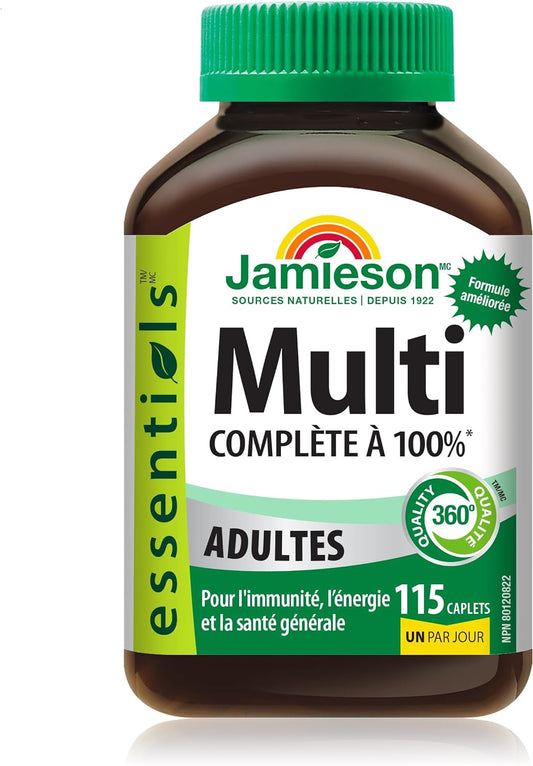 Jamieson 100% 成人複合維生素，含葉黃素、鈣和生物素。支持免疫力、能量和整體健康，富含抗氧化劑，無麩質，每日一片，115 粒膠囊