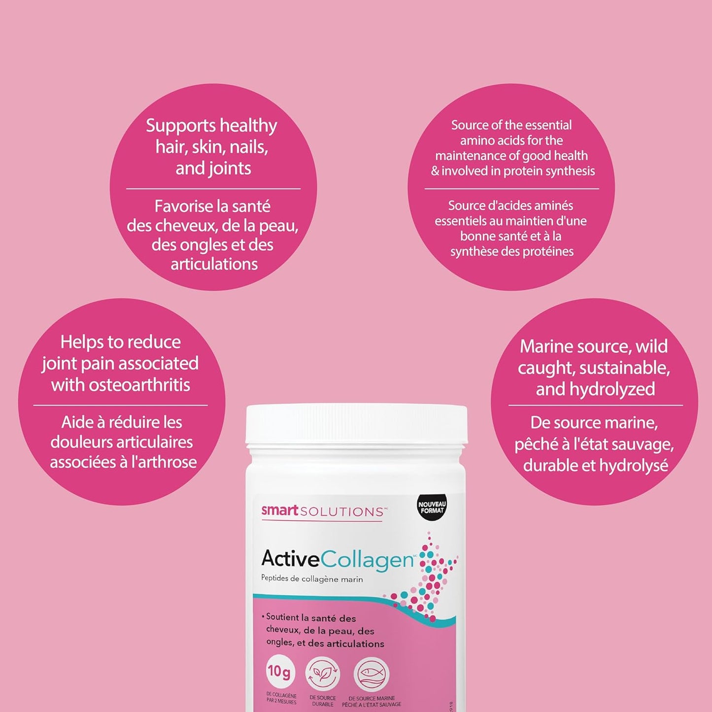 Smart Solutions 活性膠原蛋白粉，有機覆盆子口味，含水解野生魚膠原蛋白，支持健康的頭髮、皮膚、指甲和關節，220 克