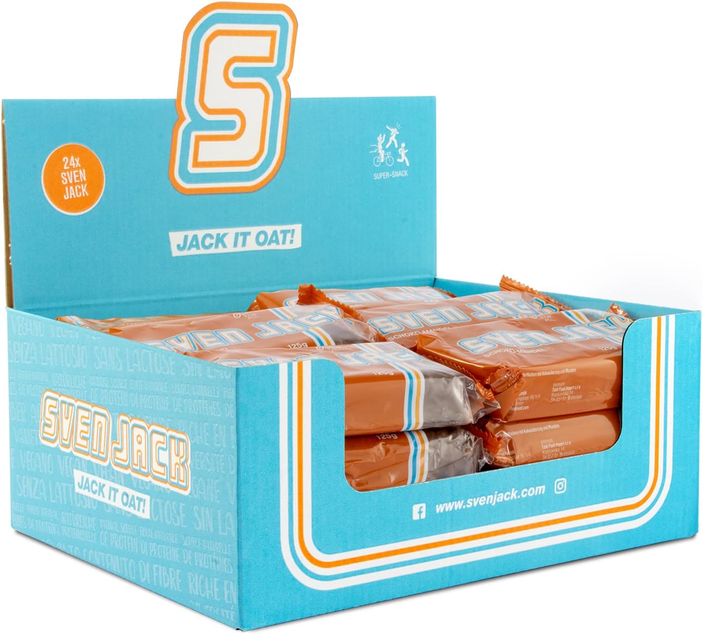 SvenJack Vegan Oat Bar Chocolate Almond - 24 × 125g - High‑Fibre, Low‑Sugar, Gluten‑Free Oatmeal Energy Snack with Almonds & Dark Chocolate Coating